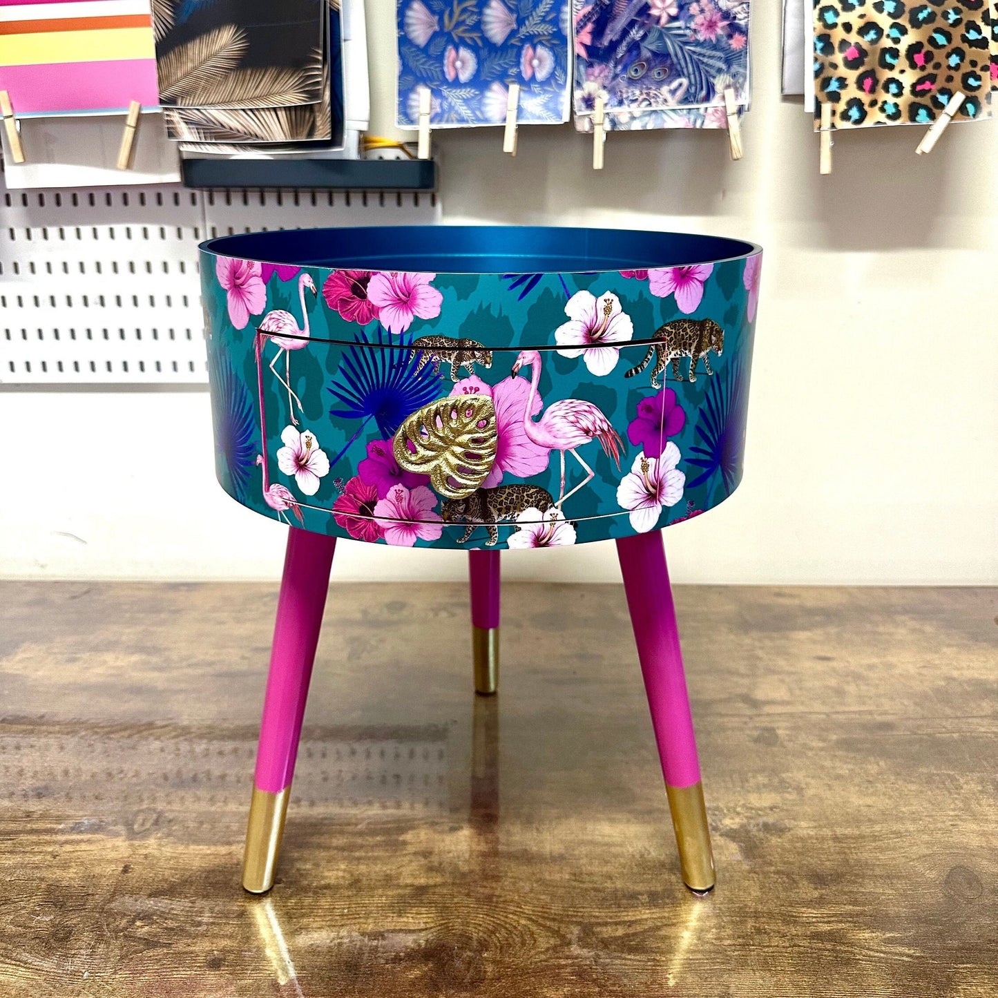 Flocking Fab - Aqua , Pink and Teal Blue tropical side table . Flamingo and leopard print nightstand , bedside table , flamingo and cheetah design end table