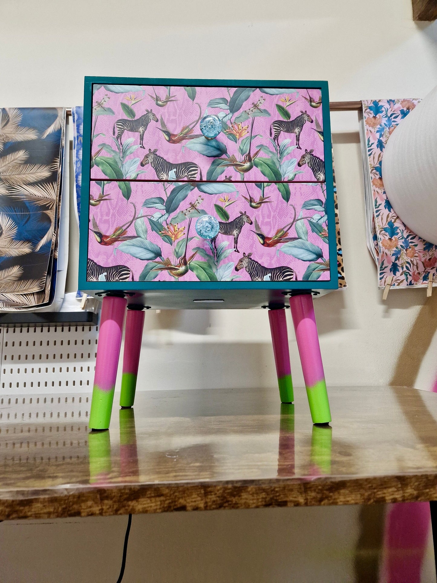 Pine teal green & flamingo pink square bedside table, two drawers, ideal nightstand. Zebra and tropical leaf design. Customisable end table