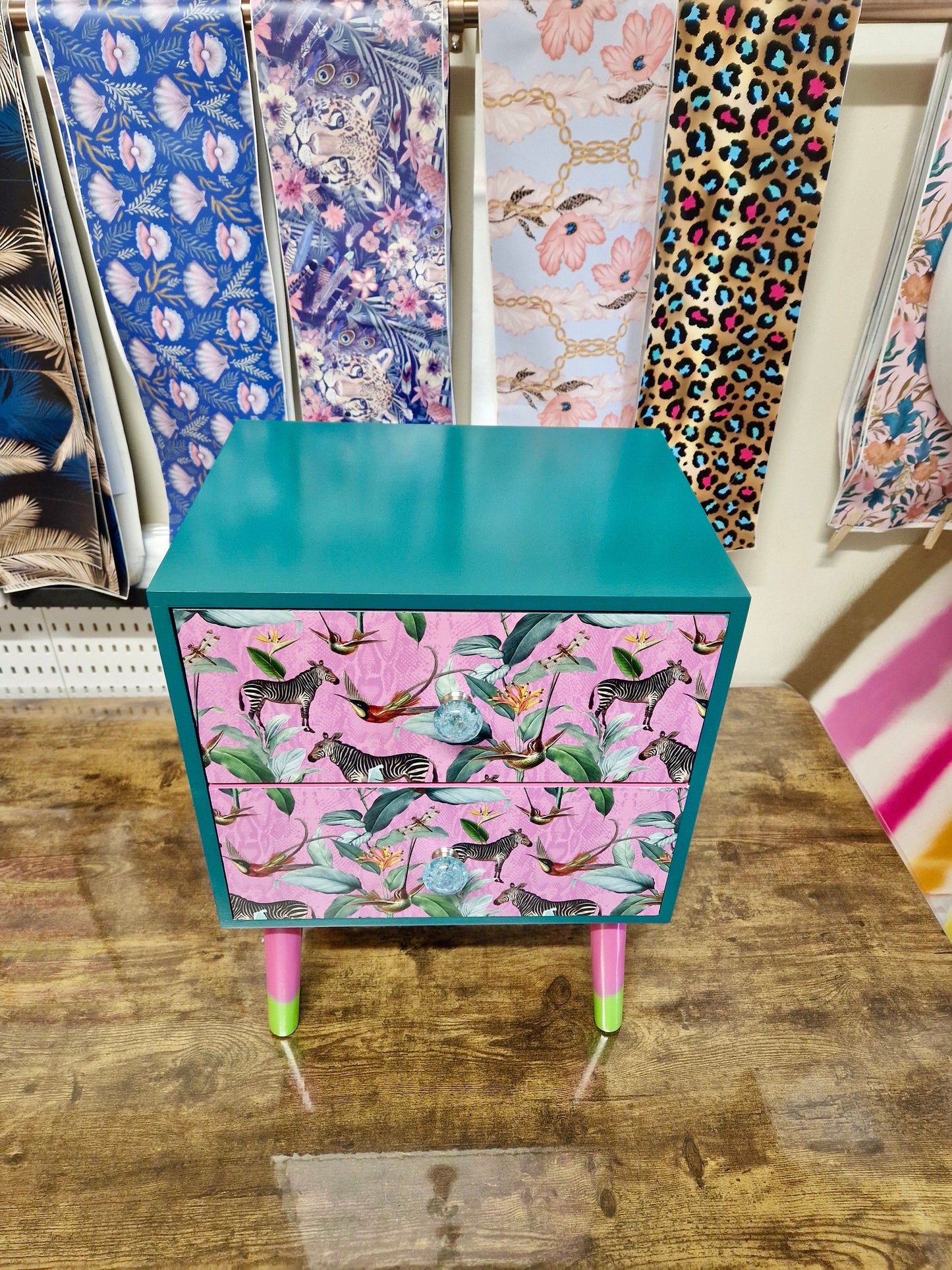 Pine teal green & flamingo pink square bedside table, two drawers, ideal nightstand. Zebra and tropical leaf design. Customisable end table