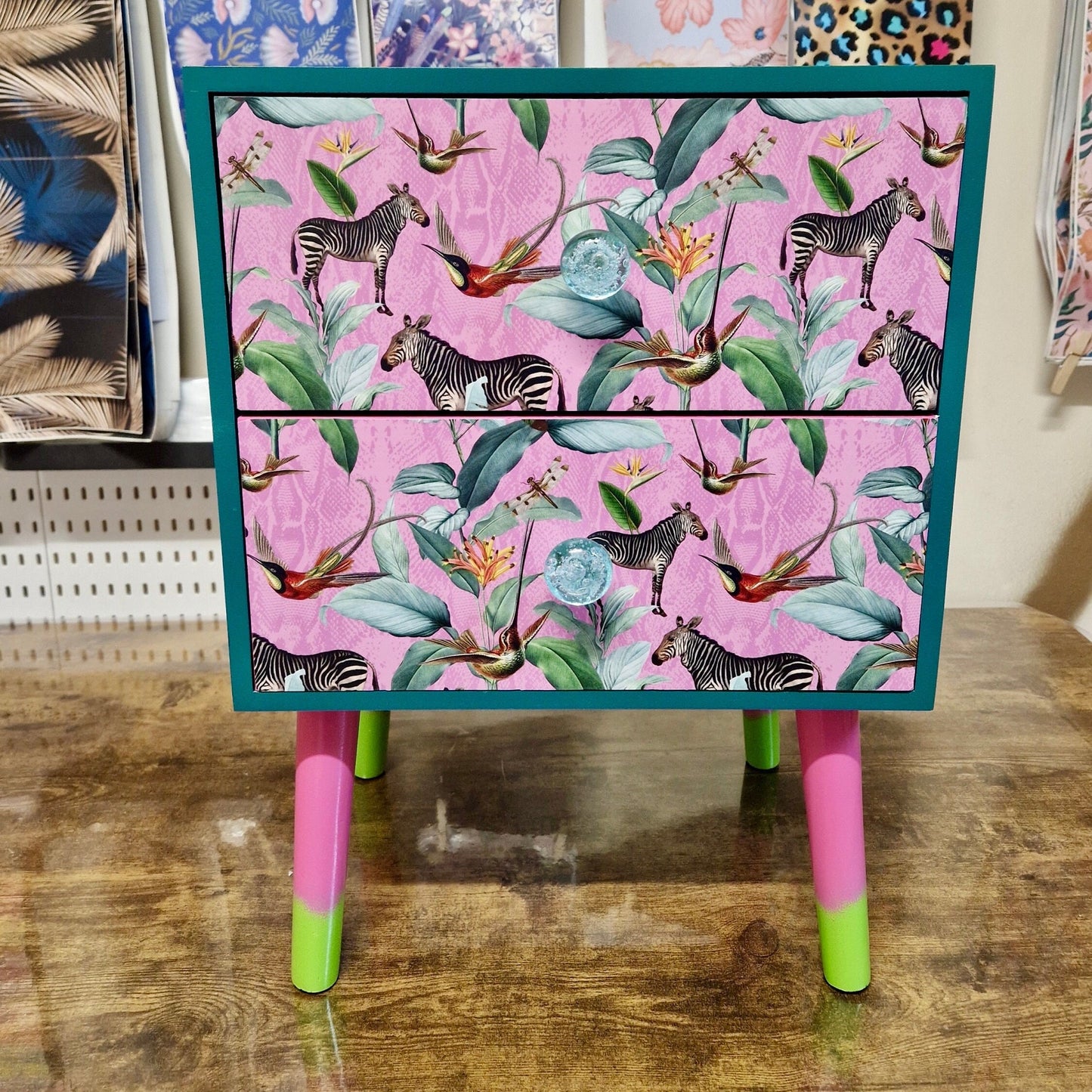 Pine teal green & flamingo pink square bedside table, two drawers, ideal nightstand. Zebra and tropical leaf design. Customisable end table