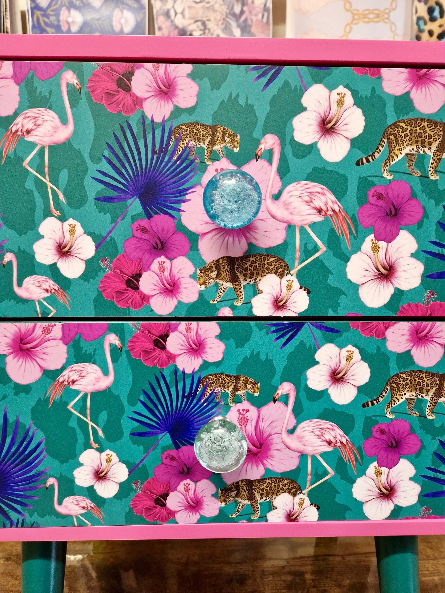 Light Pink and teal nightstand. Flamingo, flower and tropical leaf design bedside table. Customisable end table