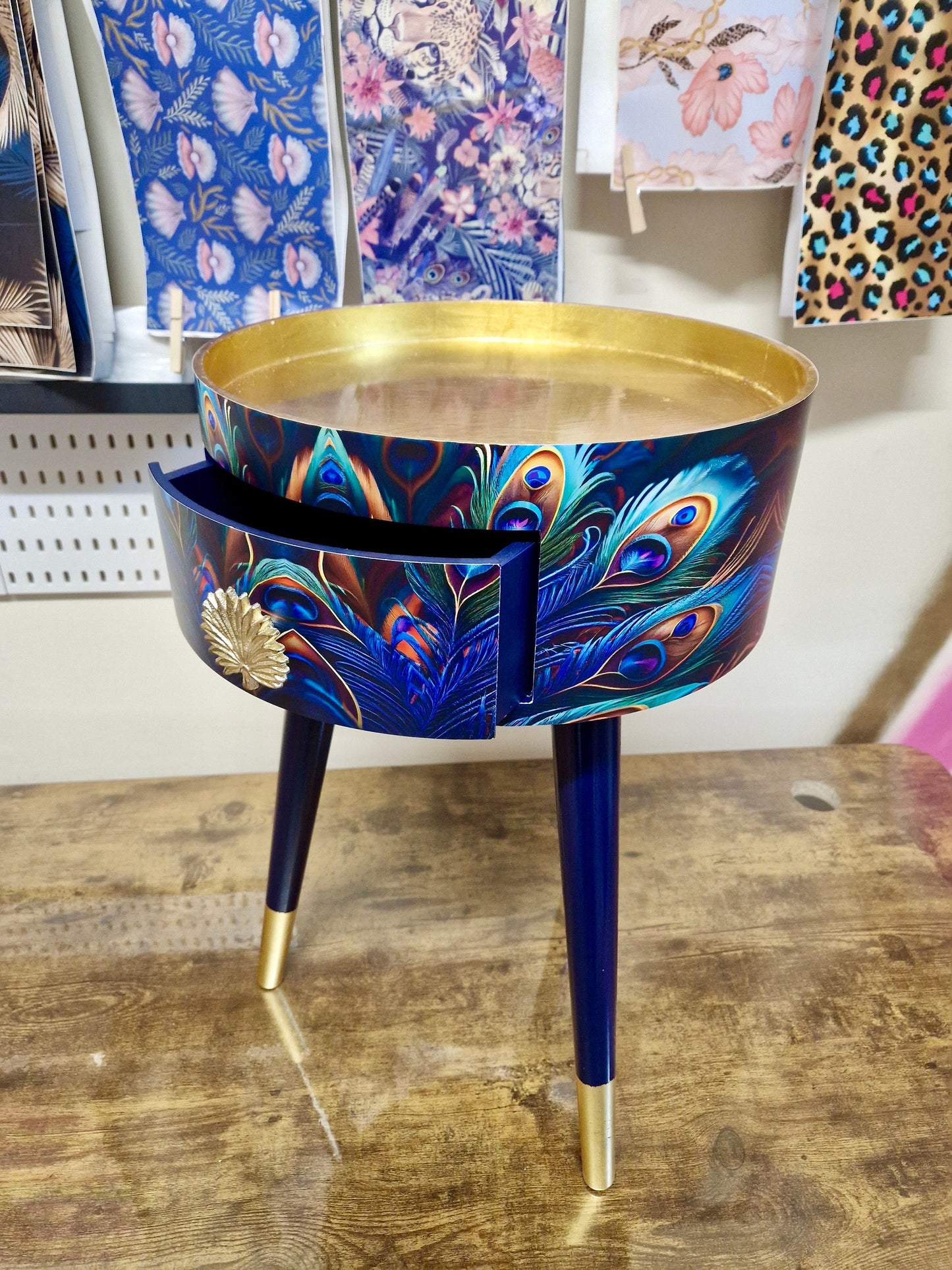 Peacock - Gold side table, blue, green and teal jewel colours, opulent nightstand, gold and navy bedside table, round small table