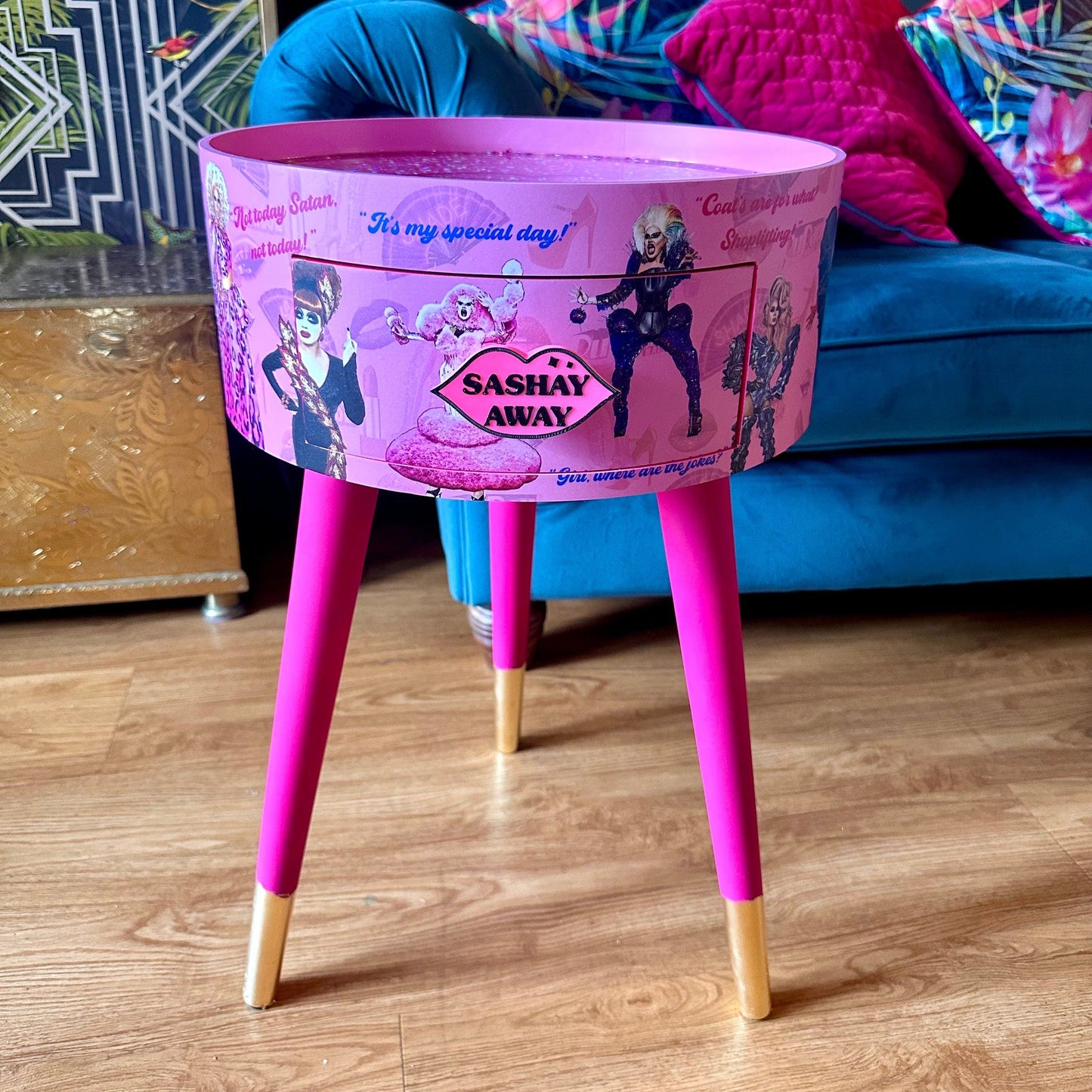 Hot Pink drag race bedside table glitter top . Fun Bright Home Decor . Ideal for Nightstand or side table. RuPaul drag race merchandise