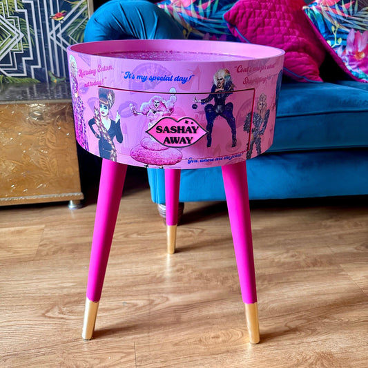 Hot Pink drag race bedside table glitter top . Fun Bright Home Decor . Ideal for Nightstand or side table. RuPaul drag race merchandise