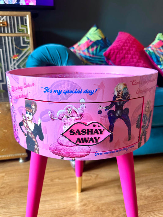 Hot Pink drag race bedside table glitter top . Fun Bright Home Decor . Ideal for Nightstand or side table. RuPaul drag race merchandise