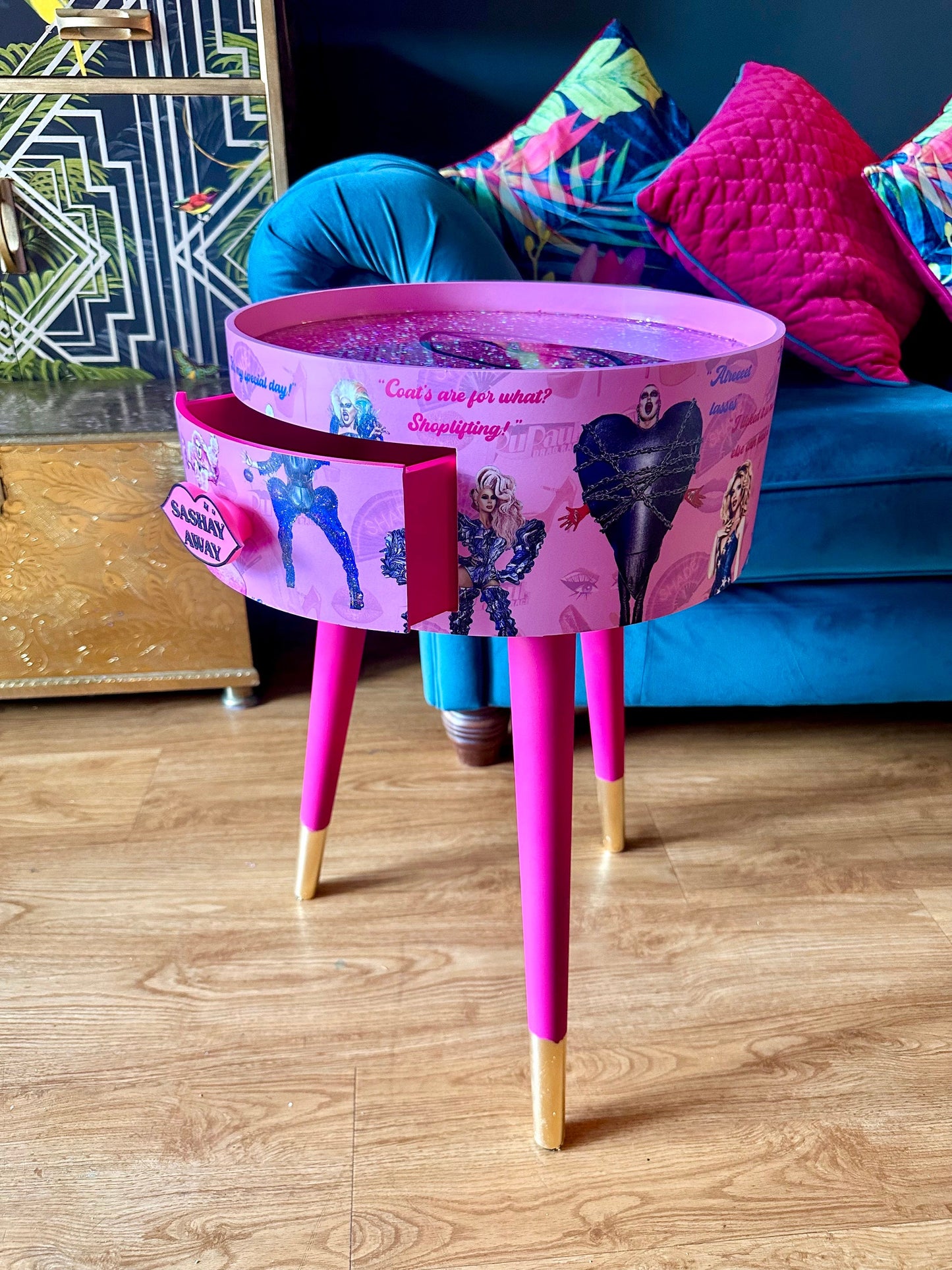 Hot Pink drag race bedside table glitter top . Fun Bright Home Decor . Ideal for Nightstand or side table. RuPaul drag race merchandise