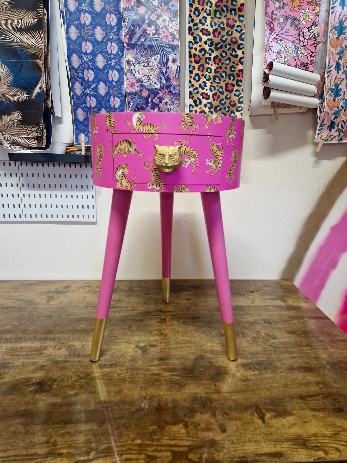 Tiger Table - Hot Pink round bedside table gold glitter top . Fun Bright Home Decor . Ideal for Nightstand or side table. Comes with inbuilt drawer