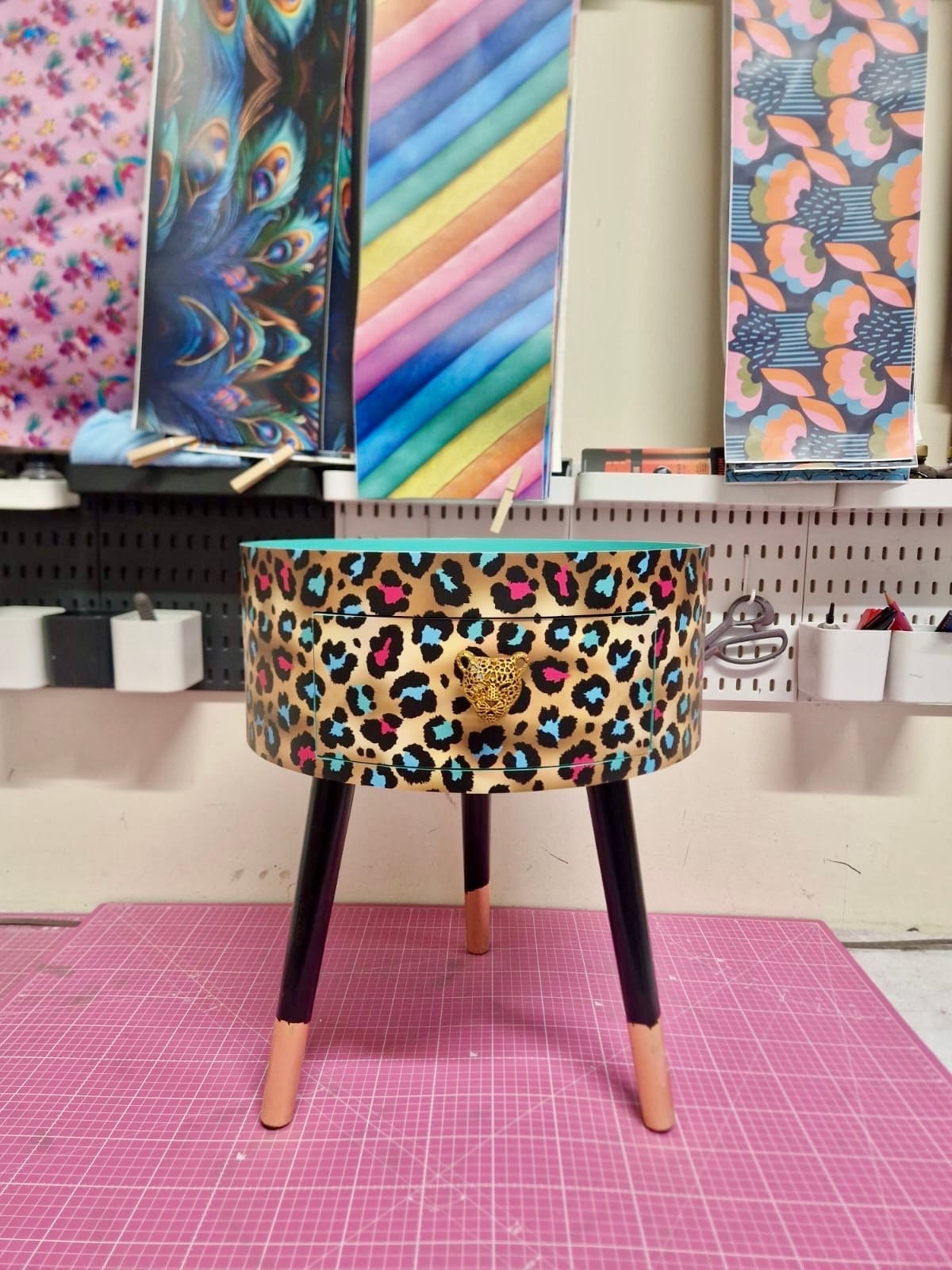 Leopard Print - Gold, Mint green and pink leopard round bedside table . Fun Bright Home Decor . Ideal for Nightstand or side table. Cheetah Print gold design