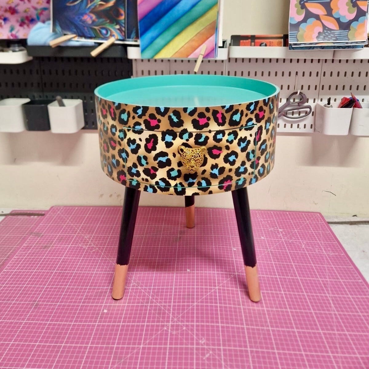 Leopard Print - Gold, Mint green and pink leopard round bedside table . Fun Bright Home Decor . Ideal for Nightstand or side table. Cheetah Print gold design