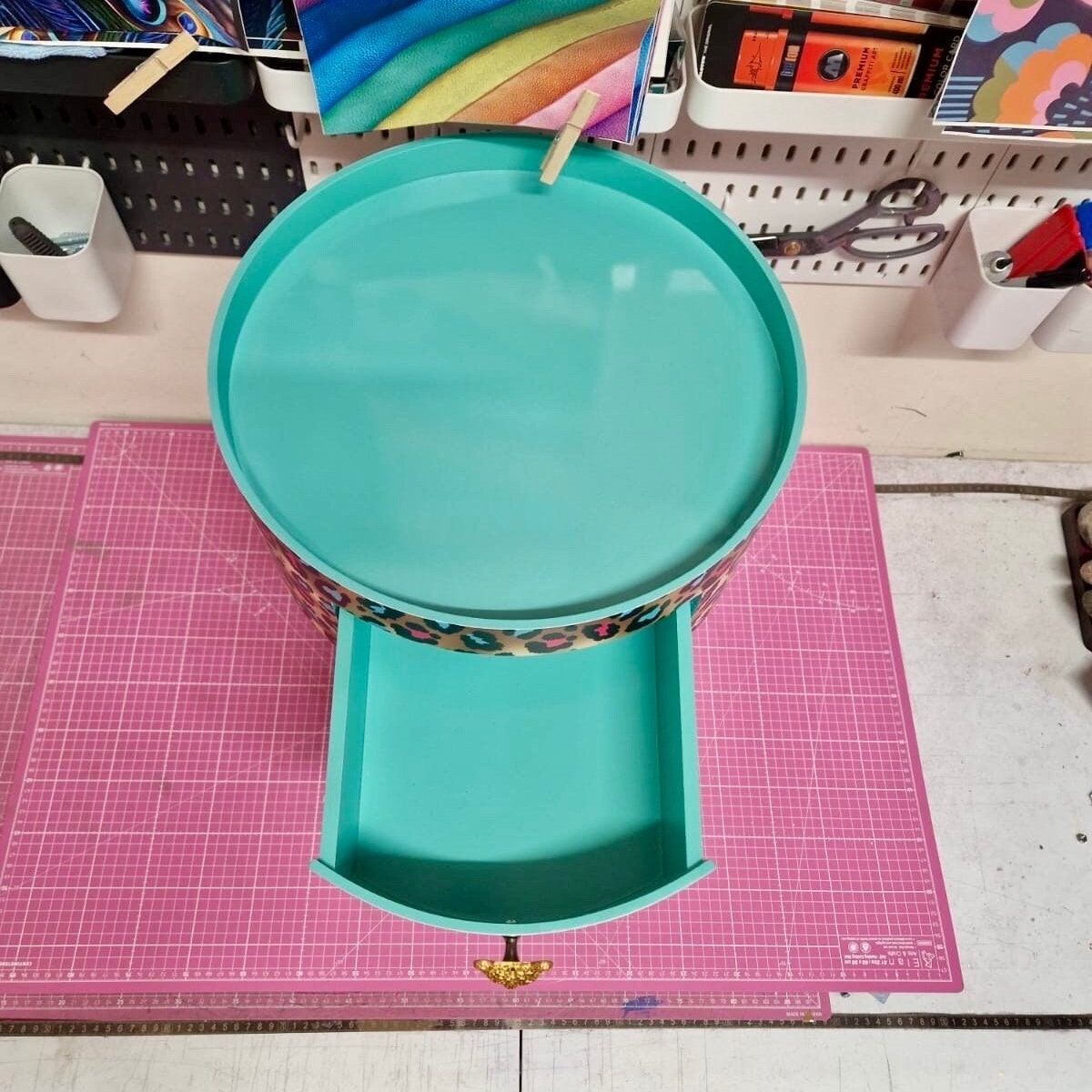 Leopard Print - Gold, Mint green and pink leopard round bedside table . Fun Bright Home Decor . Ideal for Nightstand or side table. Cheetah Print gold design