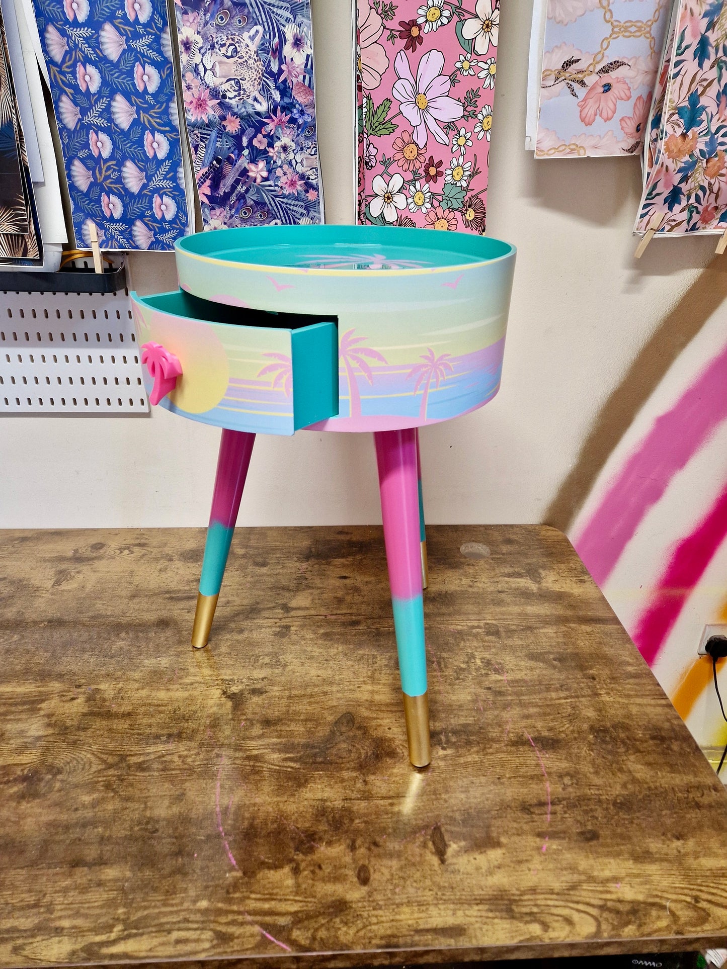 Malibu - Pink with Palm Tree on top. mint and pink ombre, sunset, flamingo, Palm Springs nightstand , Palm tree detail, taller legs