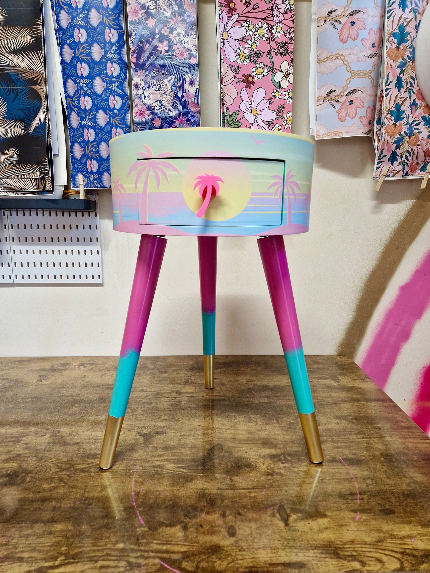 Malibu - Pink with Palm Tree on top. mint and pink ombre, sunset, flamingo, Palm Springs nightstand , Palm tree detail, taller legs