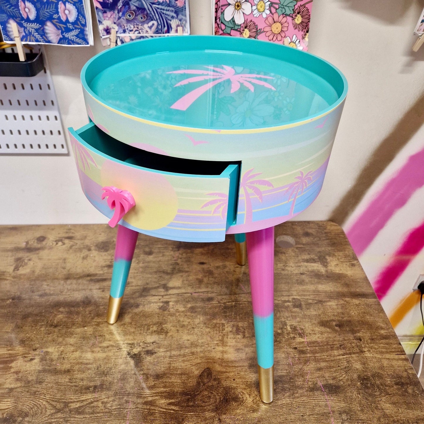 Malibu - Pink with Palm Tree on top. mint and pink ombre, sunset, flamingo, Palm Springs nightstand , Palm tree detail, taller legs