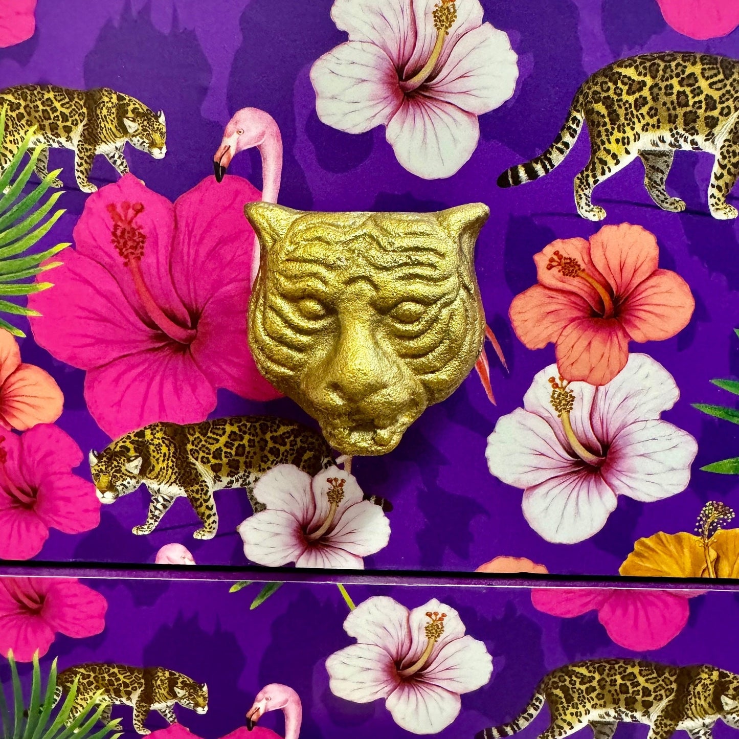 Light Pink and purple square bedside table, two drawers, ideal nightstand. Flamingo leopard and tropical leaf design. Customisable end table