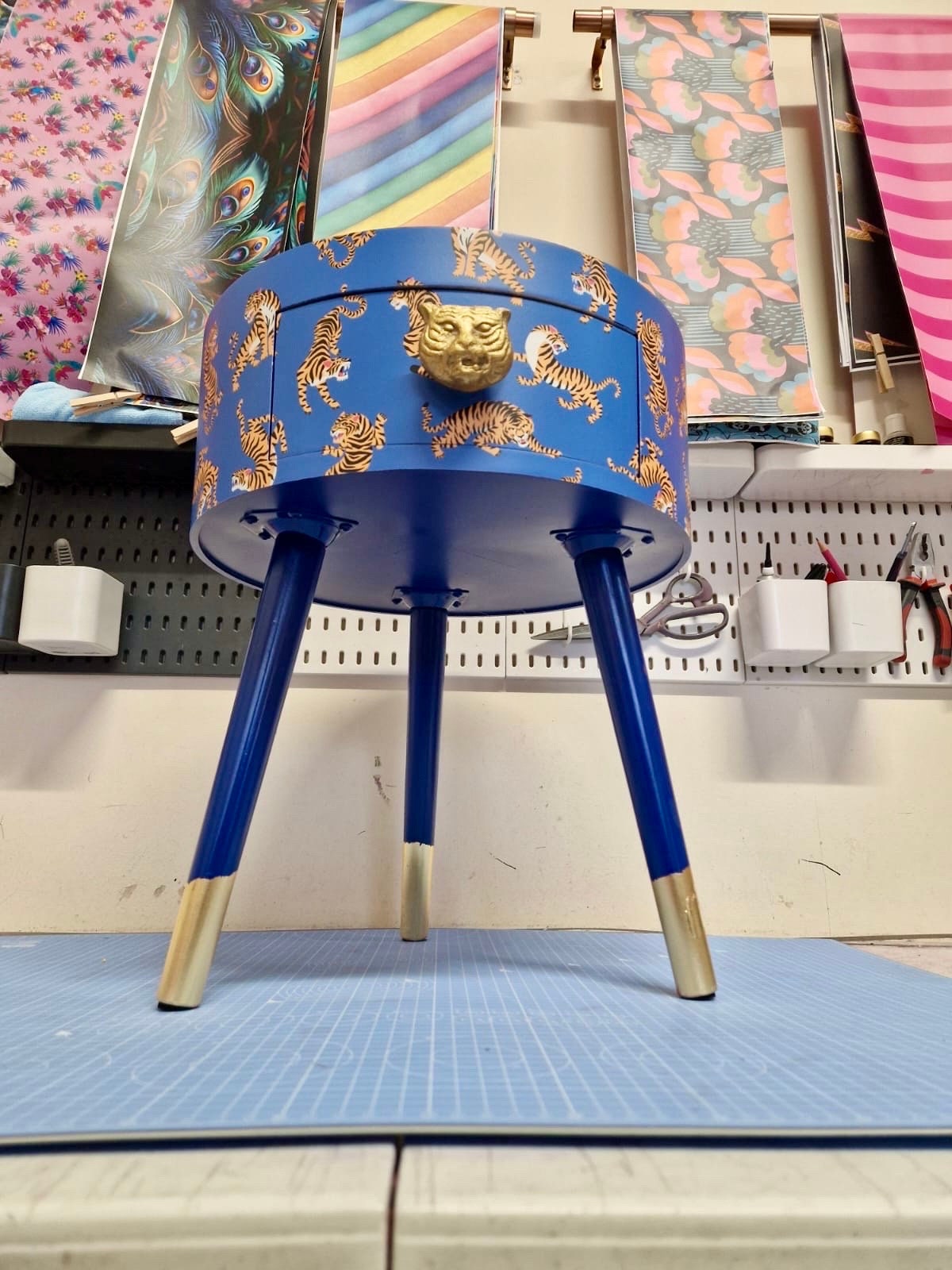 Tiger Table - Royal Blue table with royal blue and orange top table . Fun Bright Home Decor . Ideal for Nightstand or side table. Inbuilt drawer