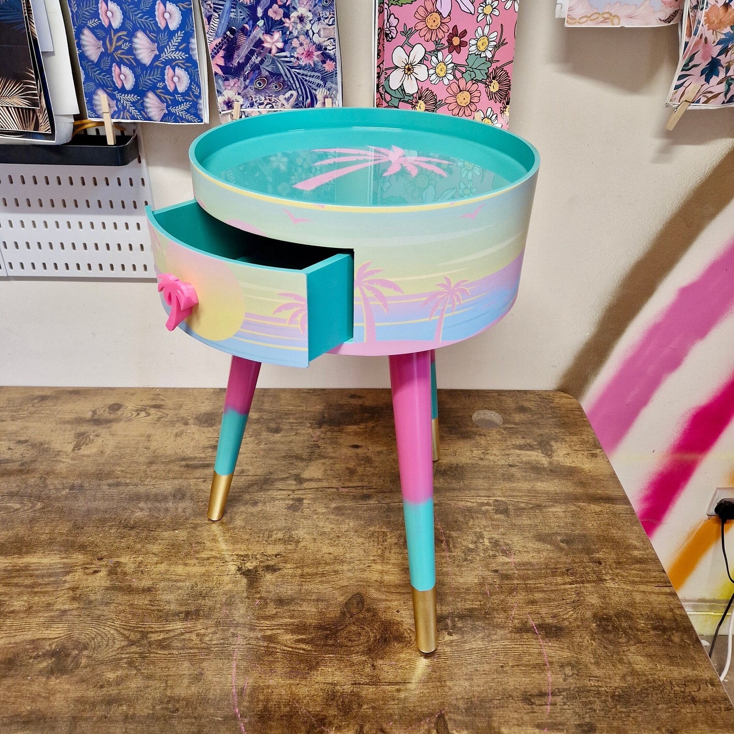 Malibu - Pink with Palm Tree on top. mint and pink ombre, sunset, flamingo, Palm Springs nightstand , Palm tree detail, taller legs