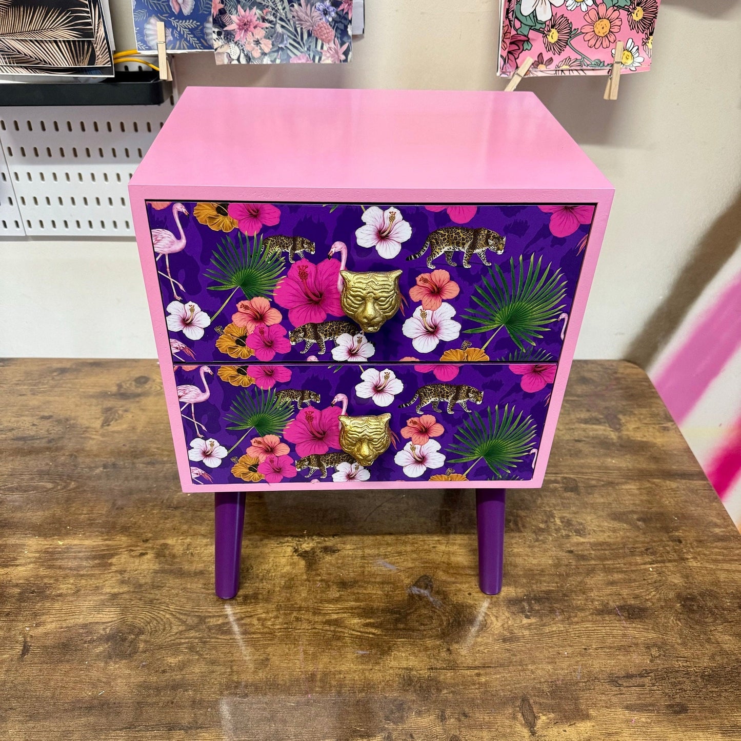 Light Pink and purple square bedside table, two drawers, ideal nightstand. Flamingo leopard and tropical leaf design. Customisable end table