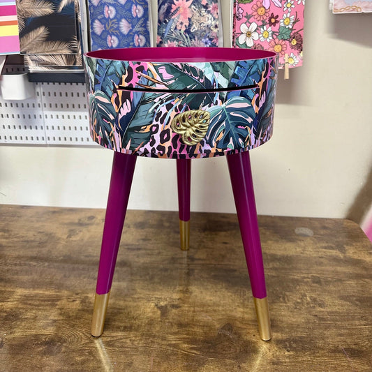 Leopard with Palm - Cherry blossom purple pink bedside table. Round wooden nightstand with leopard design in pinks, purples, greens. Cheetah end table with gold