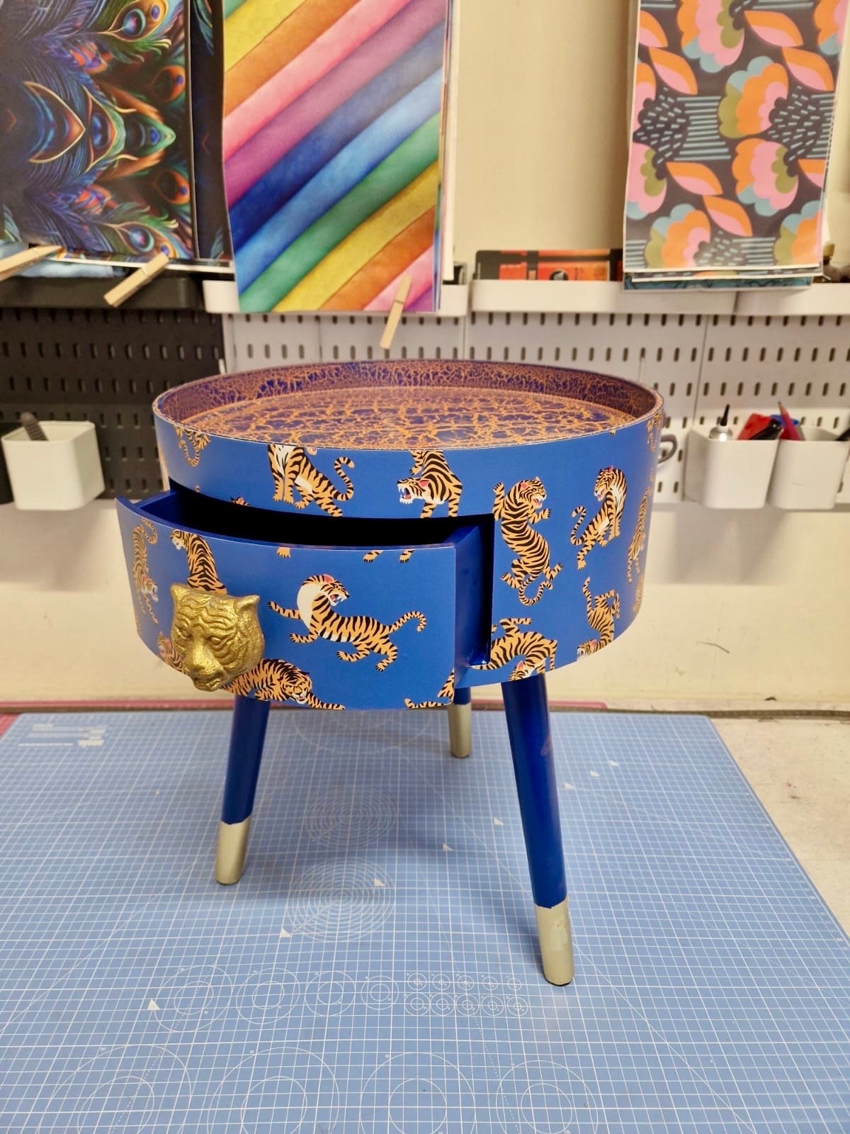 Tiger Table - Royal Blue table with royal blue and orange top table . Fun Bright Home Decor . Ideal for Nightstand or side table. Inbuilt drawer