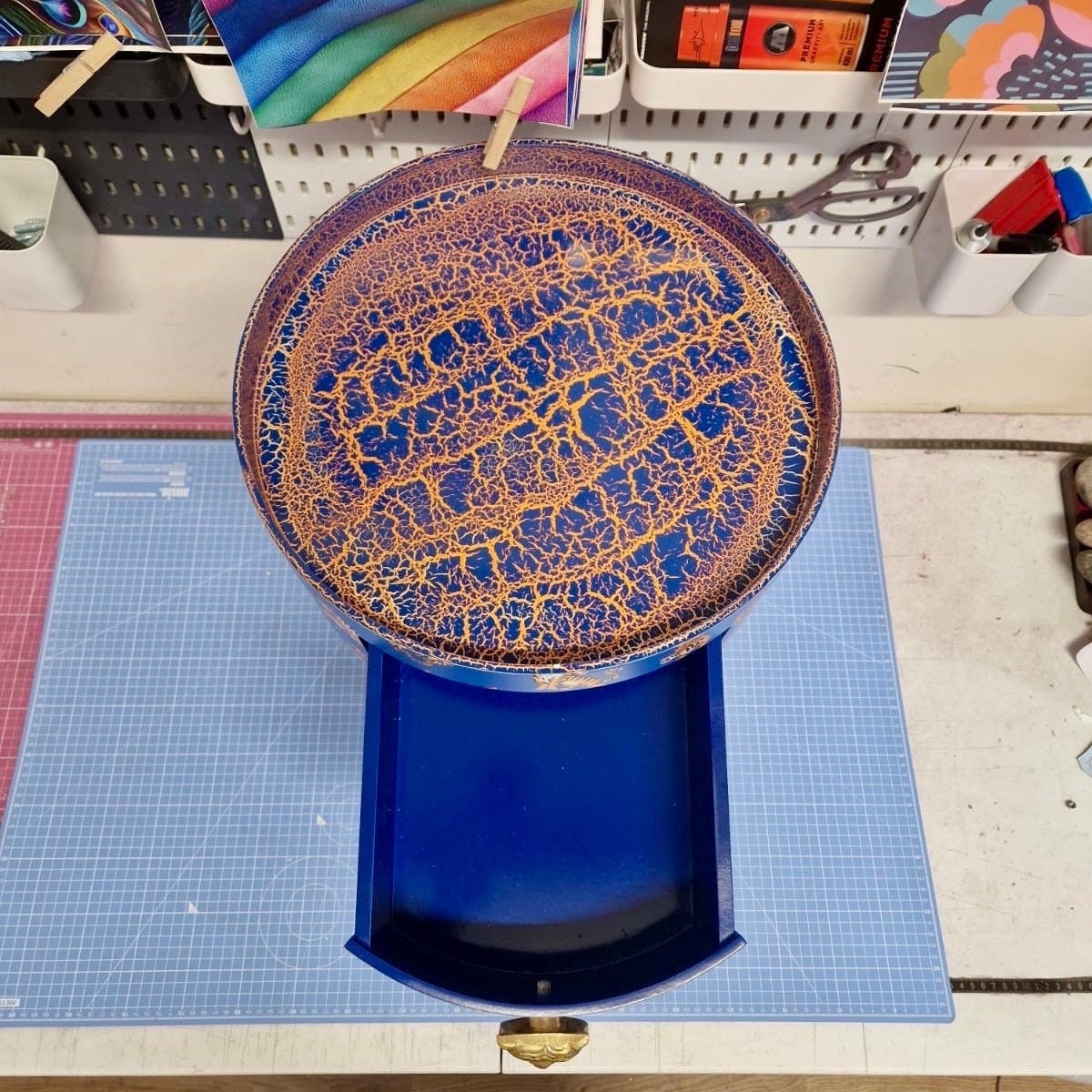 Tiger Table - Royal Blue table with royal blue and orange top table . Fun Bright Home Decor . Ideal for Nightstand or side table. Inbuilt drawer