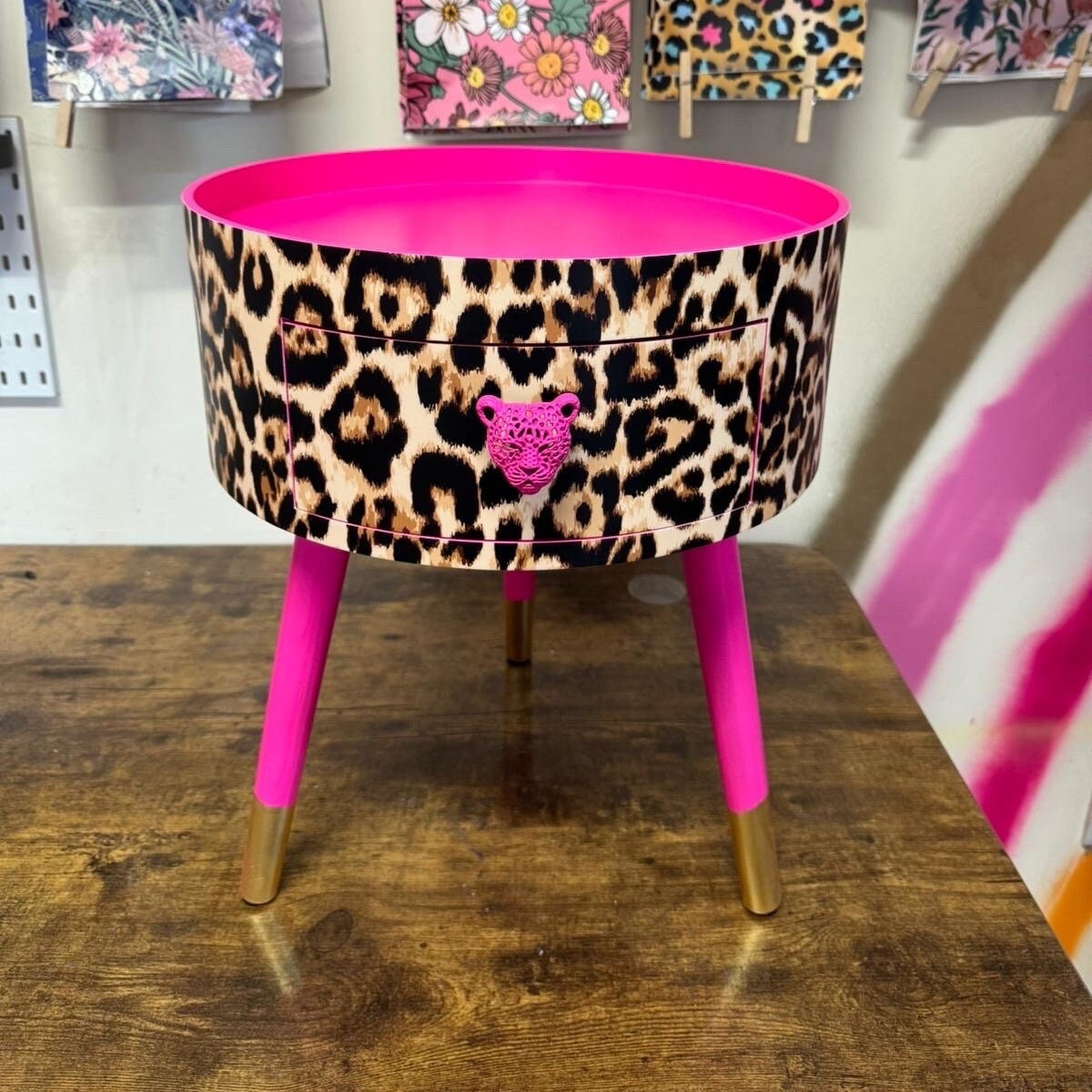 Leopard Standard - Hot Pink round bedside table . Fun Bright Home Decor . Ideal for Nightstand or side table. Cheetah Print gold design
