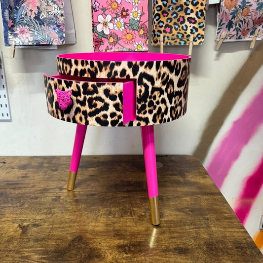 Leopard Standard - Hot Pink round bedside table . Fun Bright Home Decor . Ideal for Nightstand or side table. Cheetah Print gold design