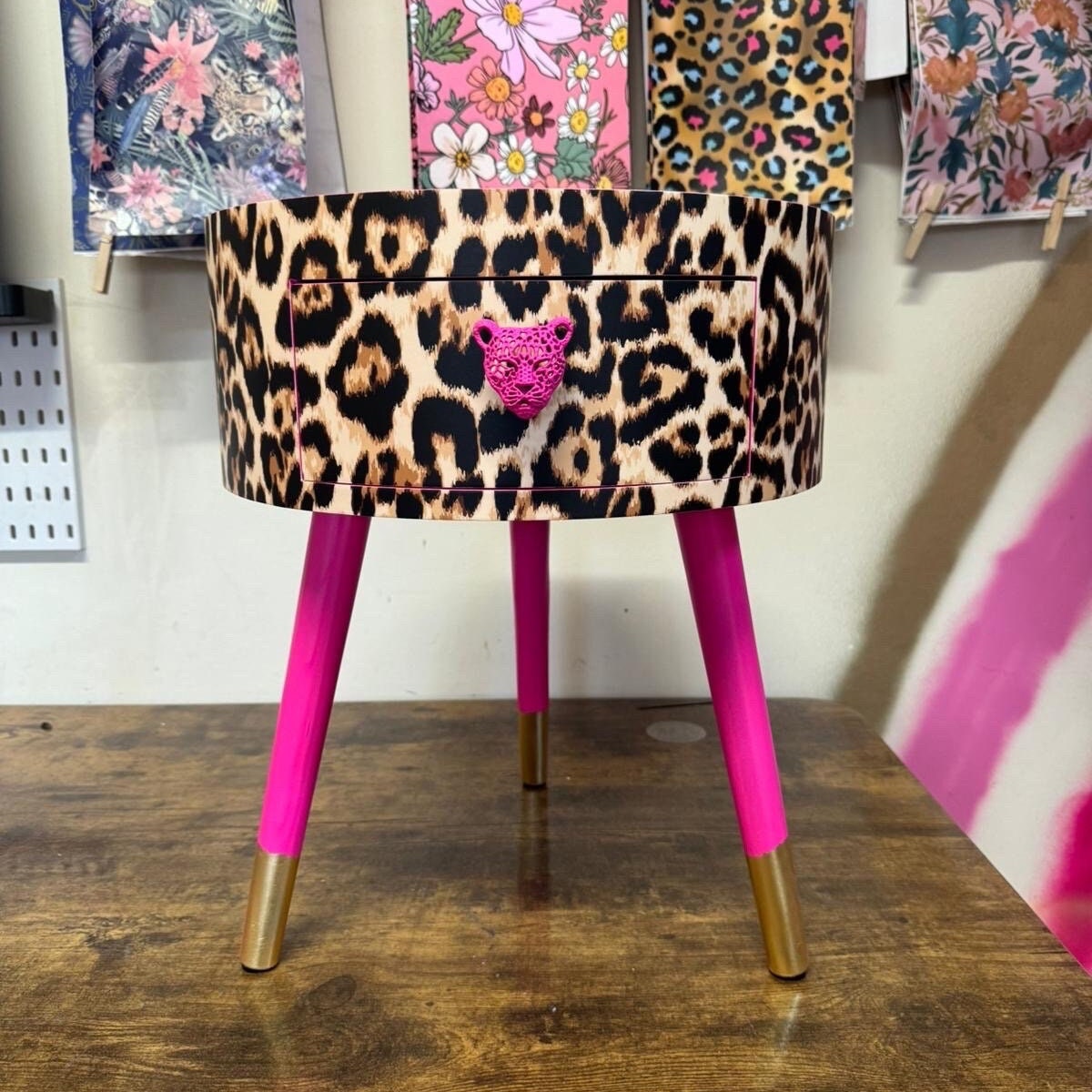Leopard Standard - Hot Pink round bedside table . Fun Bright Home Decor . Ideal for Nightstand or side table. Cheetah Print gold design