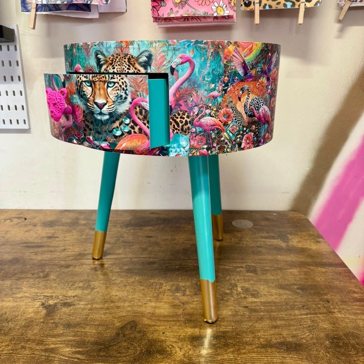 Jewel Leopard - Hot pink and mint bedside table, pink and mint leopard and flamingo design. Wooden cheetah side table with drawer. Quirky Nightstand  bedroom