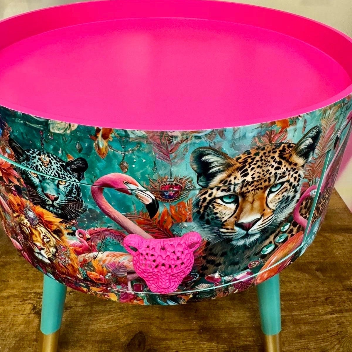 Jewel Leopard - Hot pink and mint bedside table, pink and mint leopard and flamingo design. Wooden cheetah side table with drawer. Quirky Nightstand  bedroom