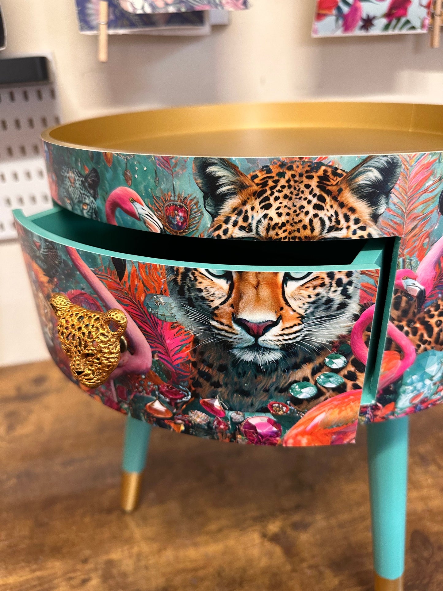 Jewel Leopard - Gold and Mint flamingo bedside table, teal mint and gold jewel design nightstand, cheetah design with  mint legs , gold end table