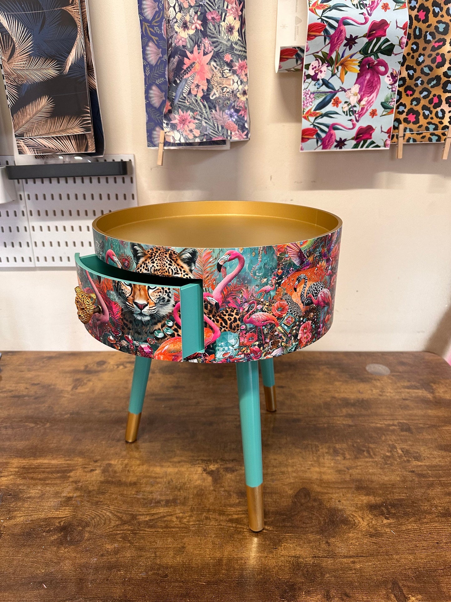 Jewel Leopard - Gold and Mint flamingo bedside table, teal mint and gold jewel design nightstand, cheetah design with  mint legs , gold end table