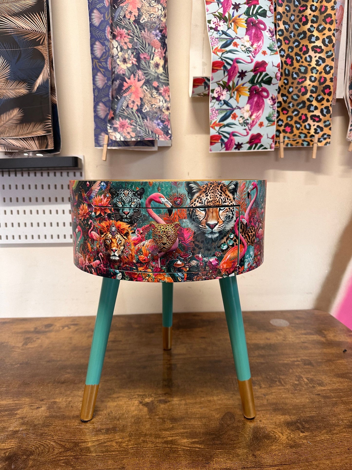 Jewel Leopard - Gold and Mint flamingo bedside table, teal mint and gold jewel design nightstand, cheetah design with  mint legs , gold end table