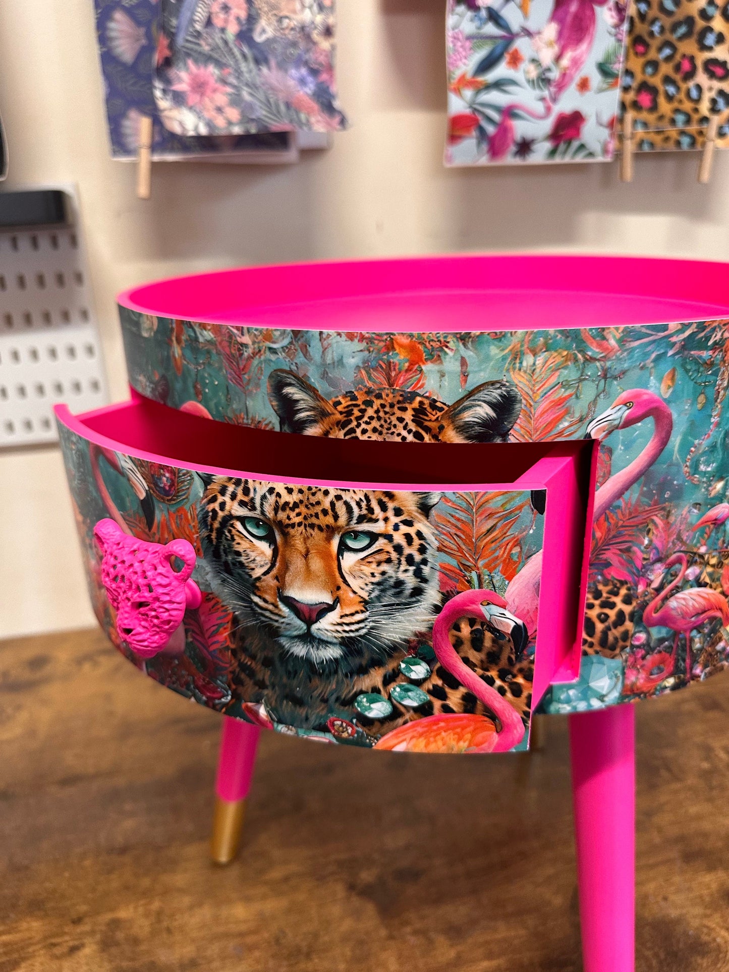 Jewel Leopard - Hot Pink flamingo and leopard beside table, teal cheetah jewel design nightstand with gold , colourful home decor round end table