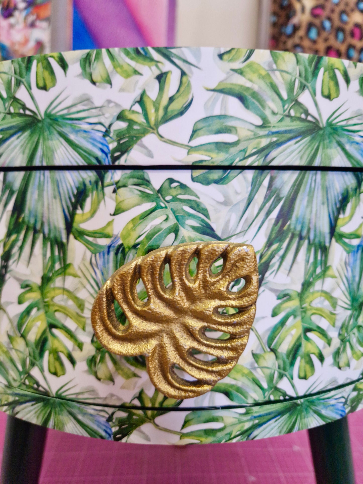 Botanical - green bedside table, leaf and plant nightstand. Gold cheese leaf accent table . Fun home decor, colorful round table