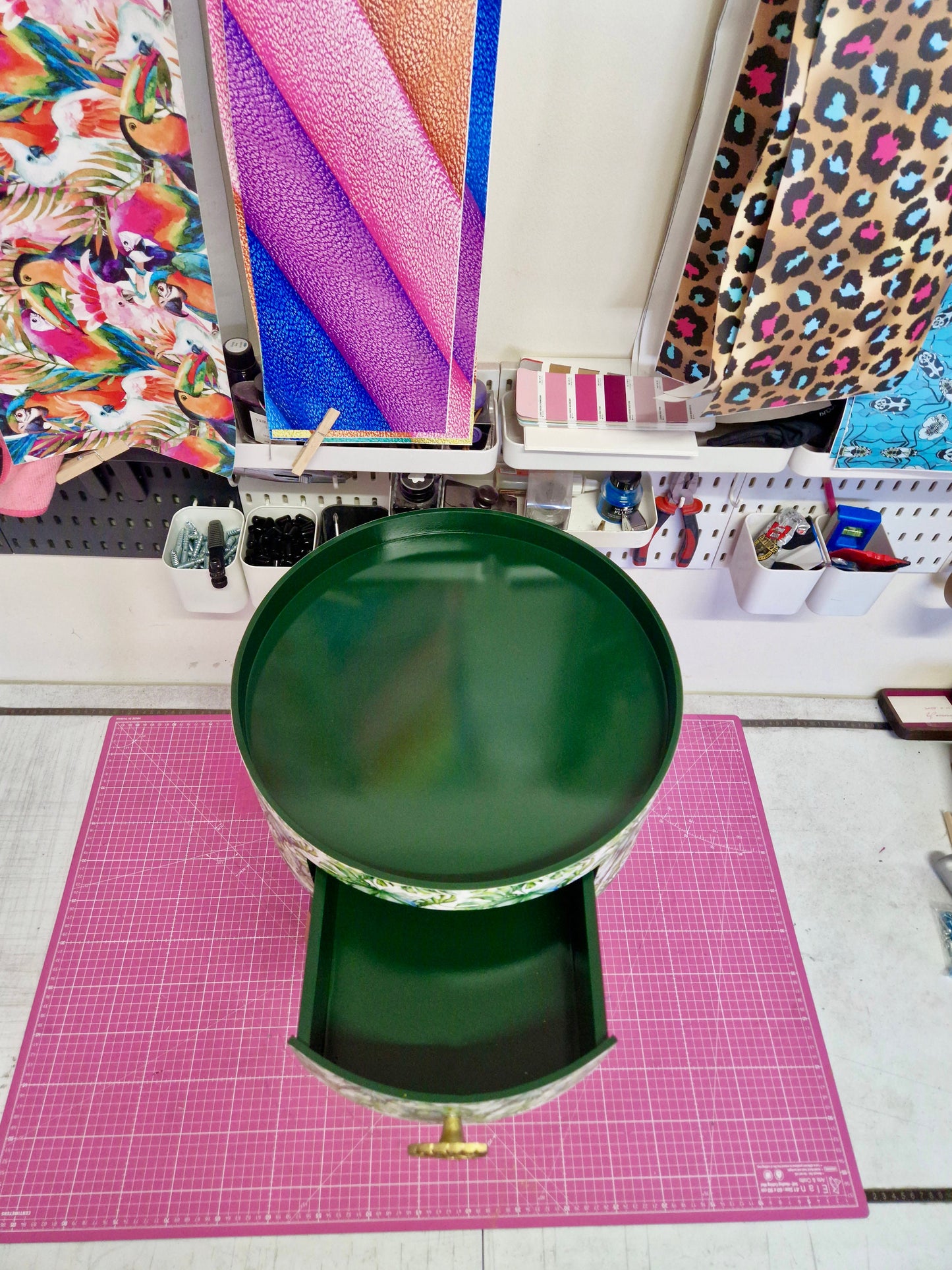 Botanical - green bedside table, leaf and plant nightstand. Gold cheese leaf accent table . Fun home decor, colorful round table