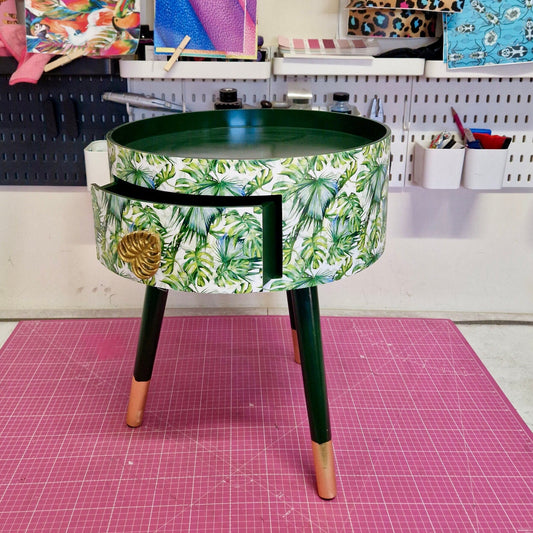 Botanical - green bedside table, leaf and plant nightstand. Gold cheese leaf accent table . Fun home decor, colorful round table