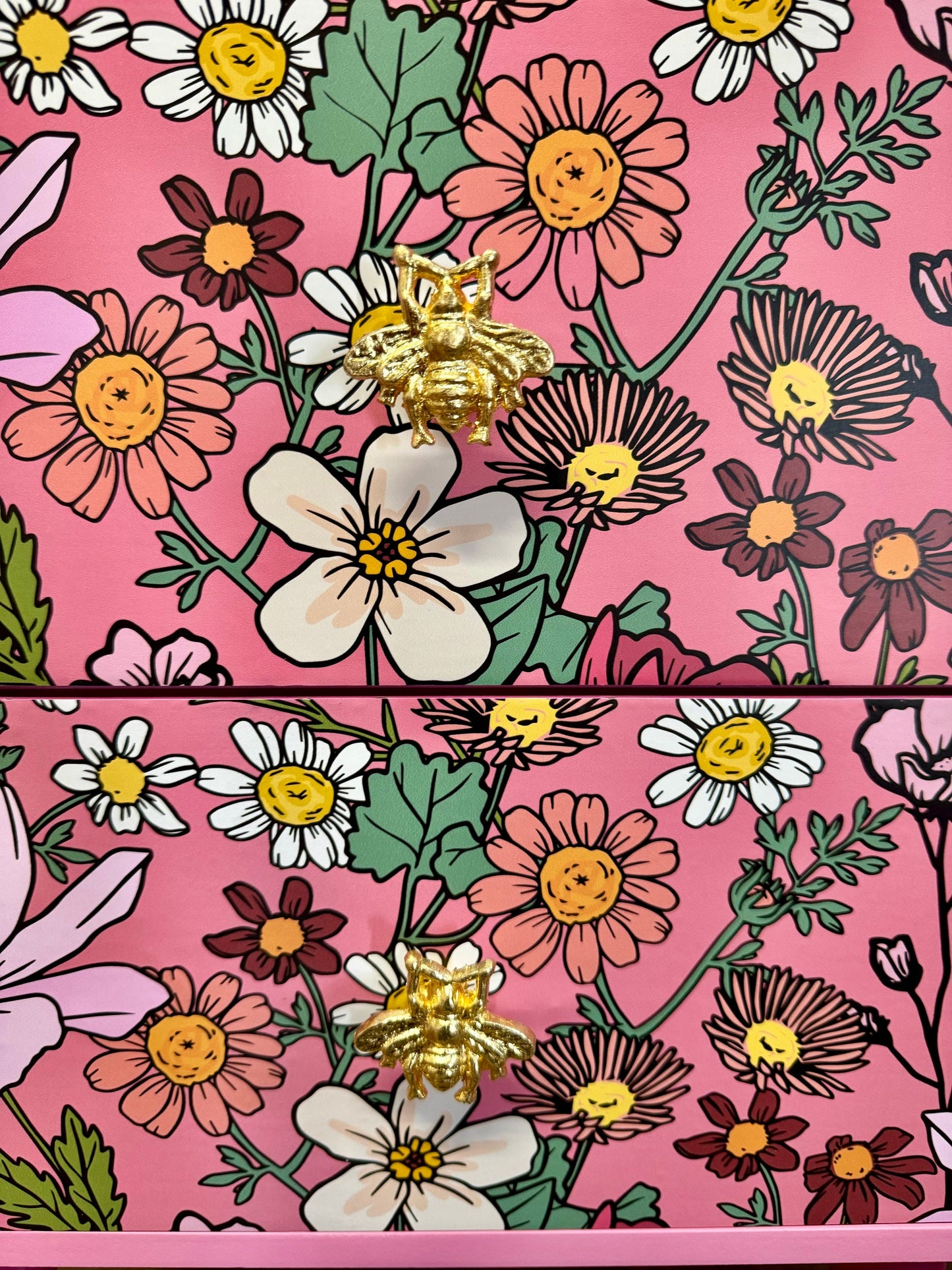 Pink floral square bedside table, two drawers, ideal nightstand. Wildflowers and bees nightstand.  Baby pink with gold. Customisable