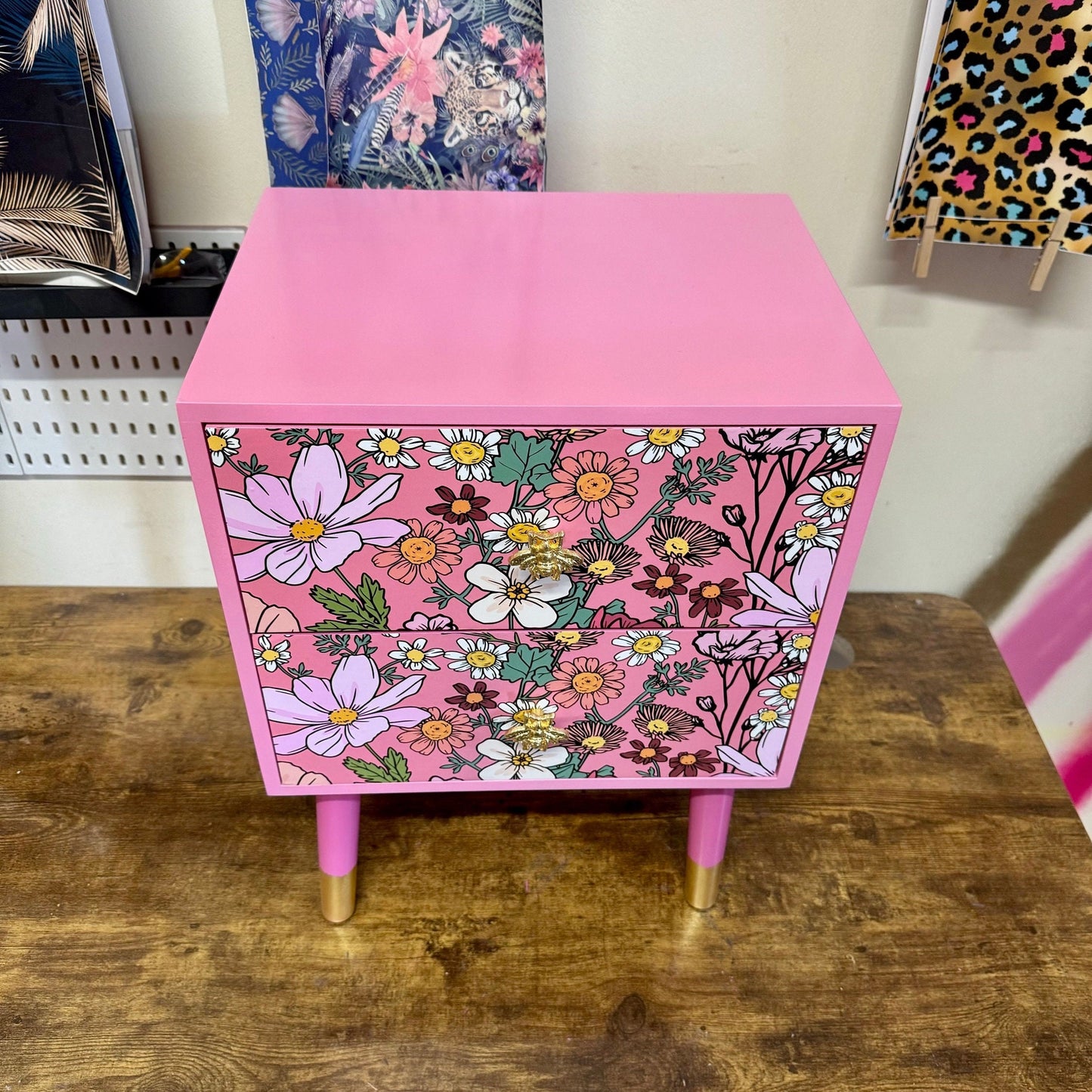 Pink floral square bedside table, two drawers, ideal nightstand. Wildflowers and bees nightstand.  Baby pink with gold. Customisable