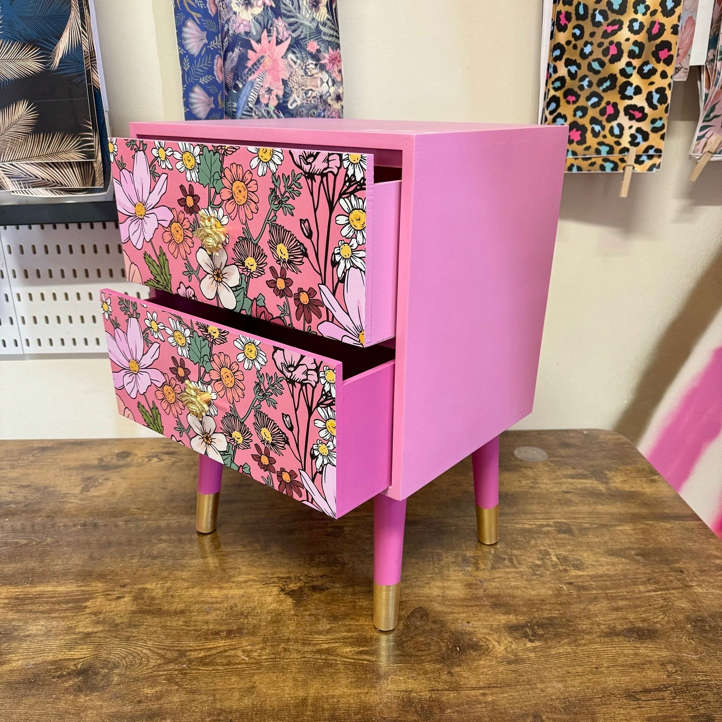 Pink floral square bedside table, two drawers, ideal nightstand. Wildflowers and bees nightstand.  Baby pink with gold. Customisable