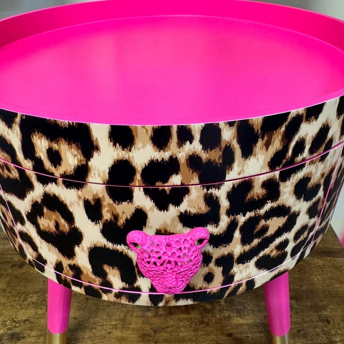 Leopard Standard - Hot Pink round bedside table . Fun Bright Home Decor . Ideal for Nightstand or side table. Cheetah Print gold design