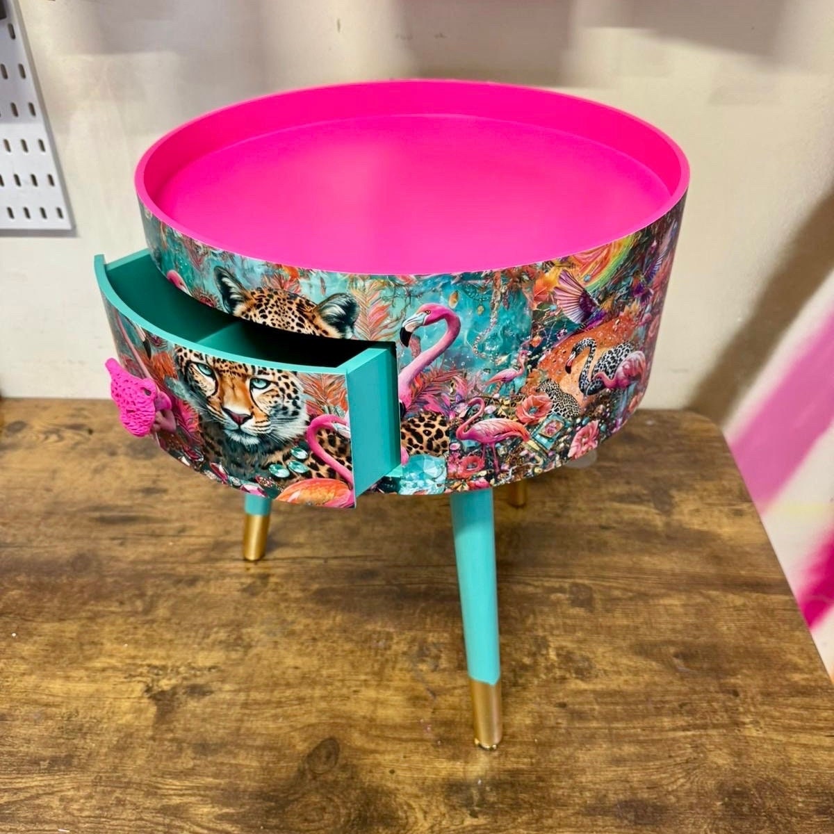 Jewel Leopard - Hot pink and mint bedside table, pink and mint leopard and flamingo design. Wooden cheetah side table with drawer. Quirky Nightstand  bedroom