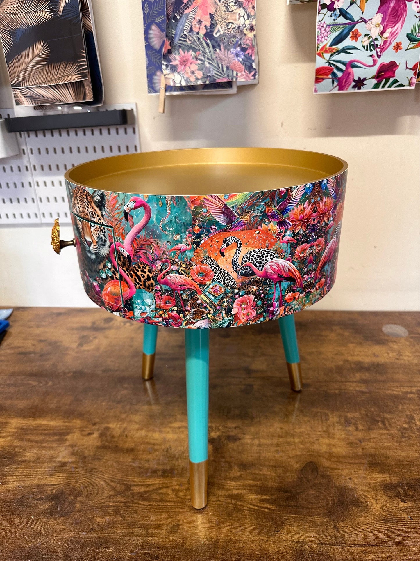 Jewel Leopard - Gold and Mint flamingo bedside table, teal mint and gold jewel design nightstand, cheetah design with  mint legs , gold end table