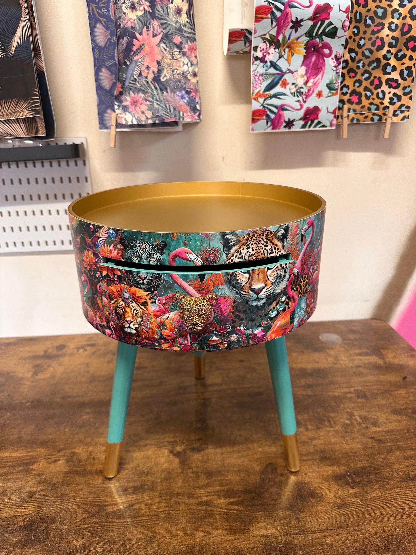 Jewel Leopard - Gold and Mint flamingo bedside table, teal mint and gold jewel design nightstand, cheetah design with  mint legs , gold end table