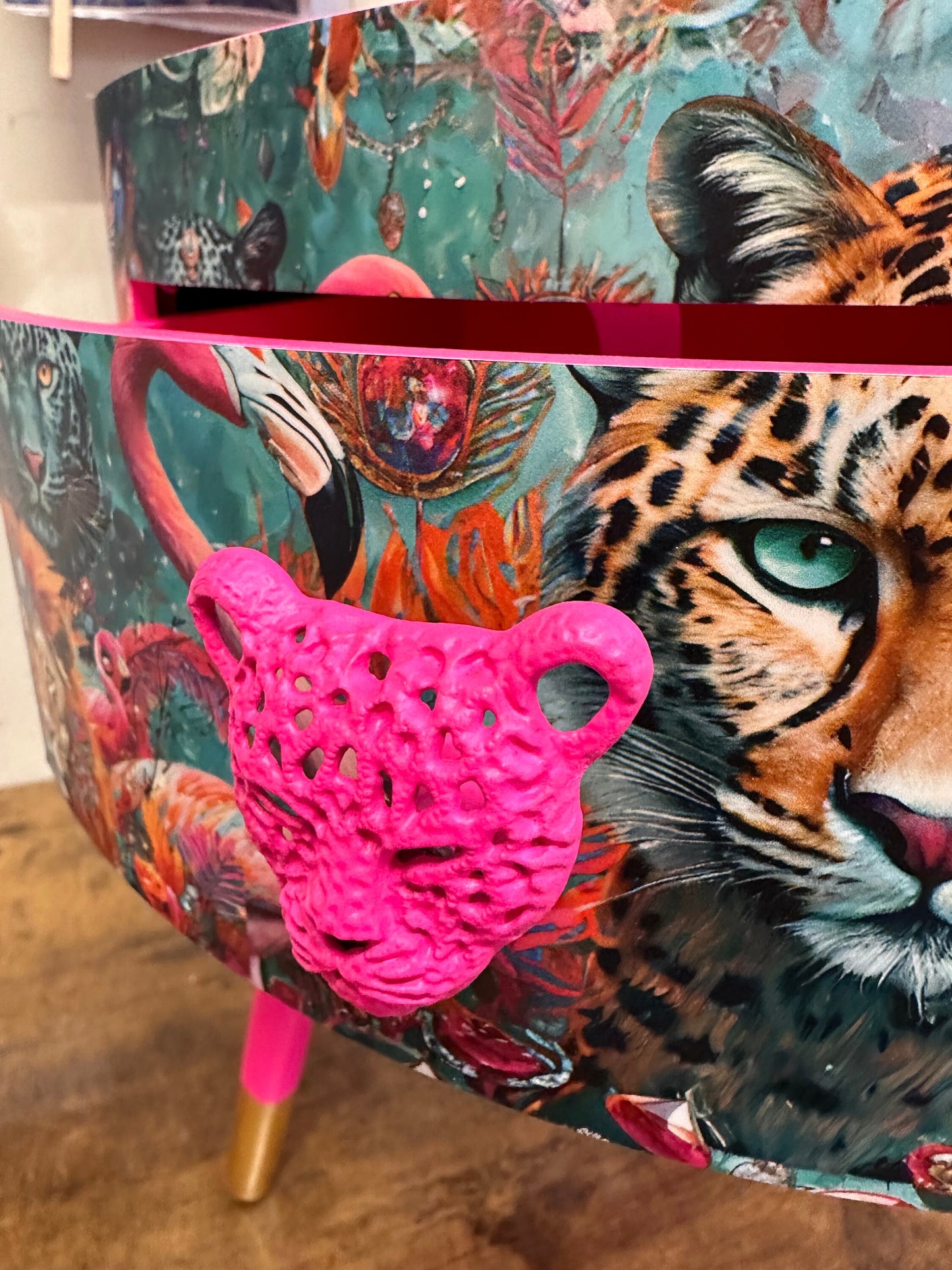 Jewel Leopard - Hot Pink flamingo and leopard beside table, teal cheetah jewel design nightstand with gold , colourful home decor round end table
