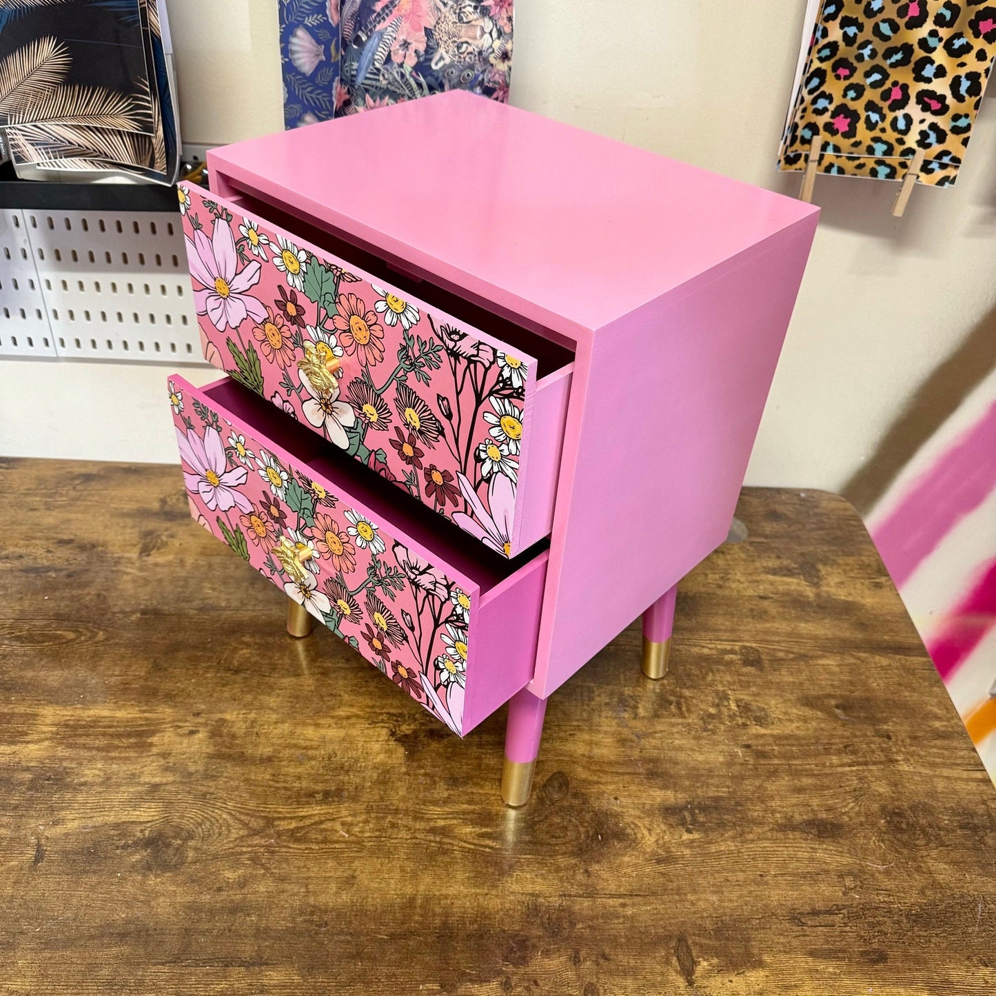 Pink floral square bedside table, two drawers, ideal nightstand. Wildflowers and bees nightstand.  Baby pink with gold. Customisable