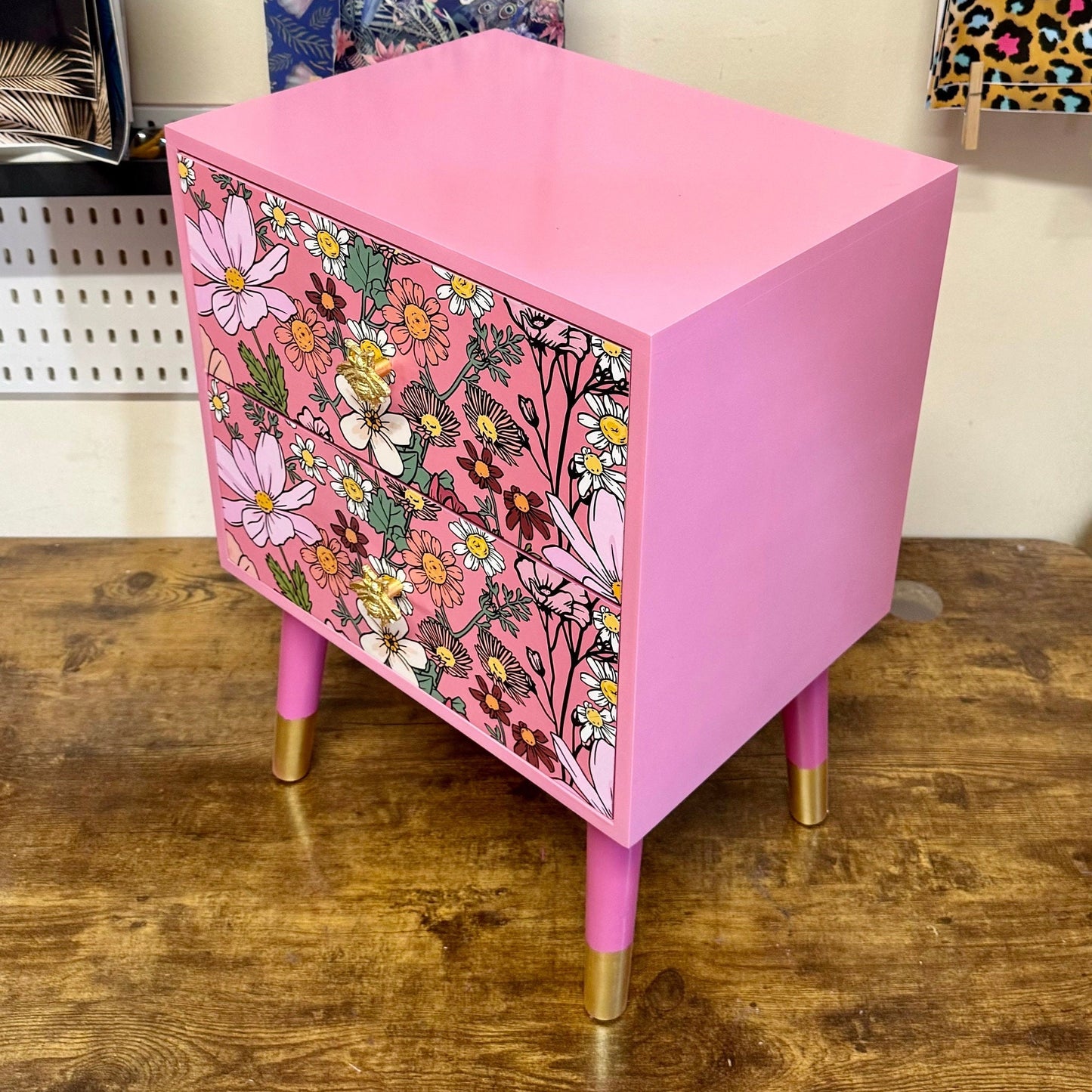 Pink floral square bedside table, two drawers, ideal nightstand. Wildflowers and bees nightstand.  Baby pink with gold. Customisable