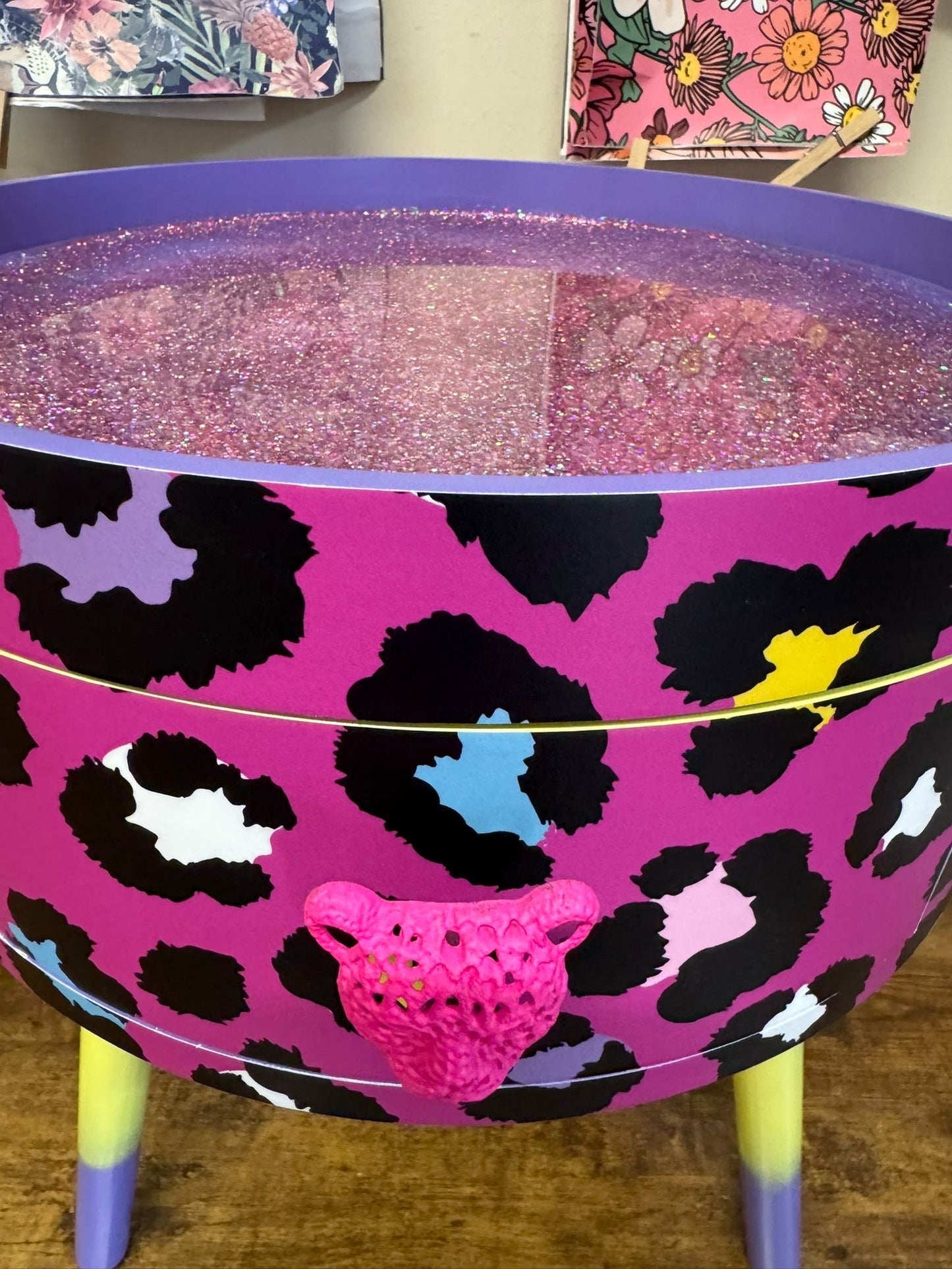 Leopard Colourful Print - Hot Pink and Glitter round bedside table. Fun Bright Home Decor . Ideal for Nightstand side table. Cheetah Print with glitter, yellow and purple