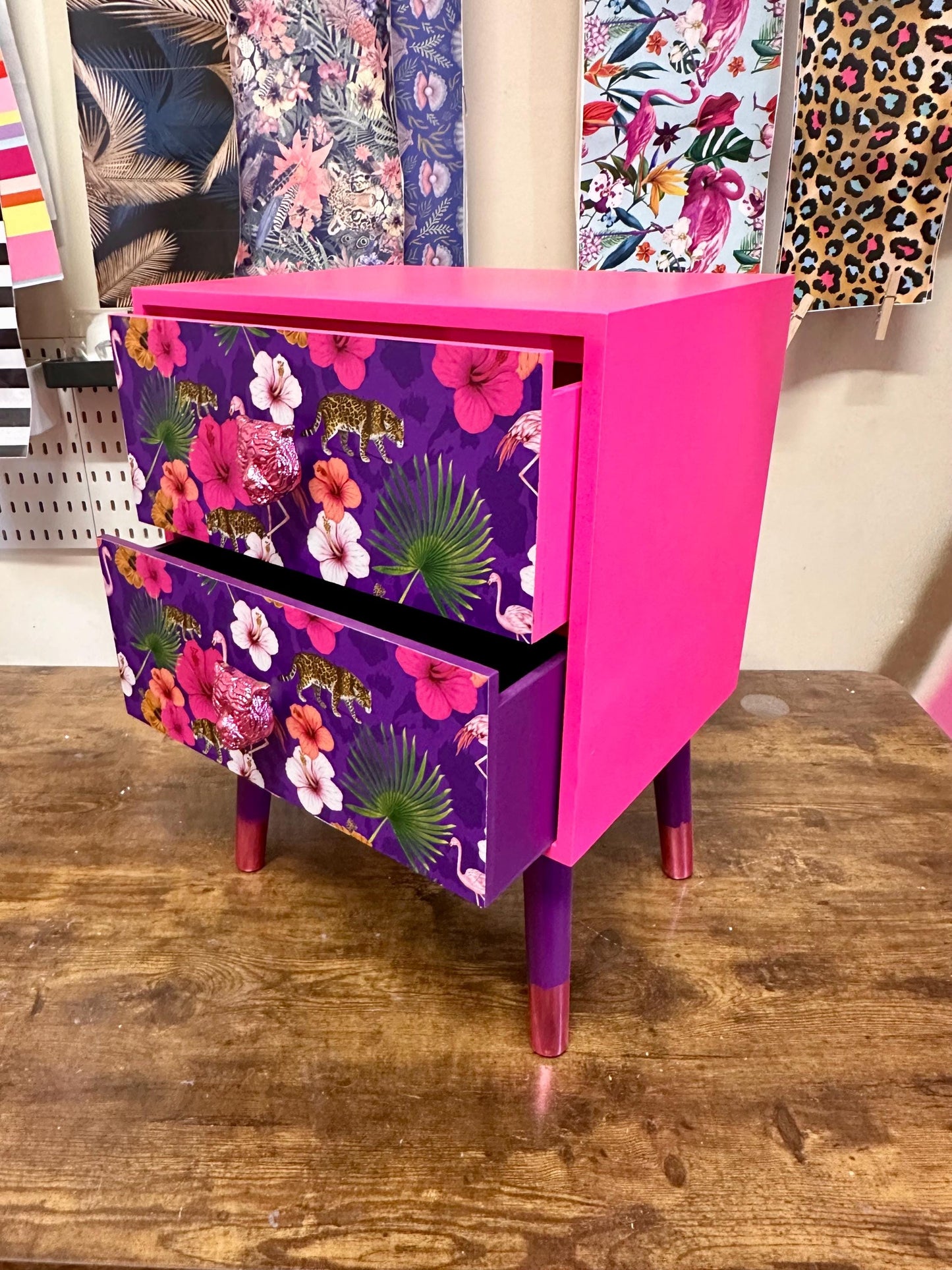 Hot Pink and purple square bedside table, two drawers, ideal nightstand. Flamingo leopard and tropical leaf design. Customisable end table