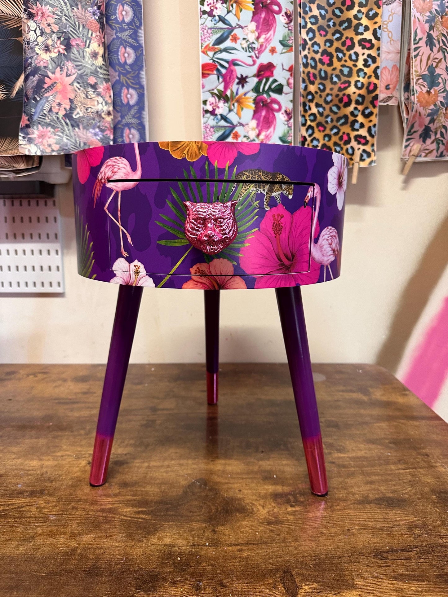 Flocking Fab - Purple,  Wooden side table with drawer. Hot pink and purple animal print design. Nightstand or bedside table