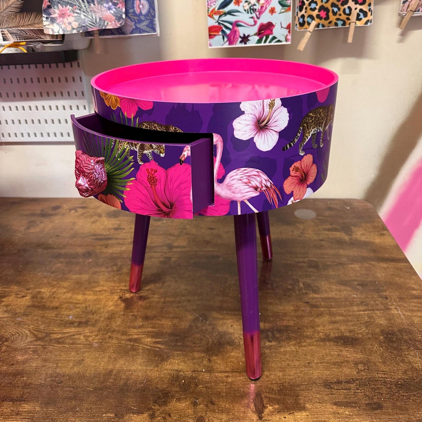 Flocking Fab - Purple,  Wooden side table with drawer. Hot pink and purple animal print design. Nightstand or bedside table